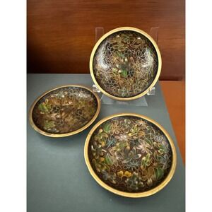 Vintage Cloisonné Trinket Dish Set (3) with Colorful Floral design 3" each